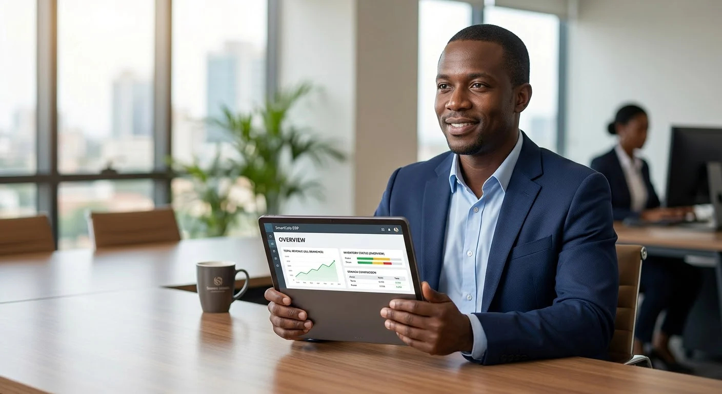 Business owner managing multiple branches using SmartSale ERP software